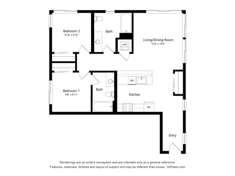 Floor plan for 2 beds, 2 baths, 954 sqft